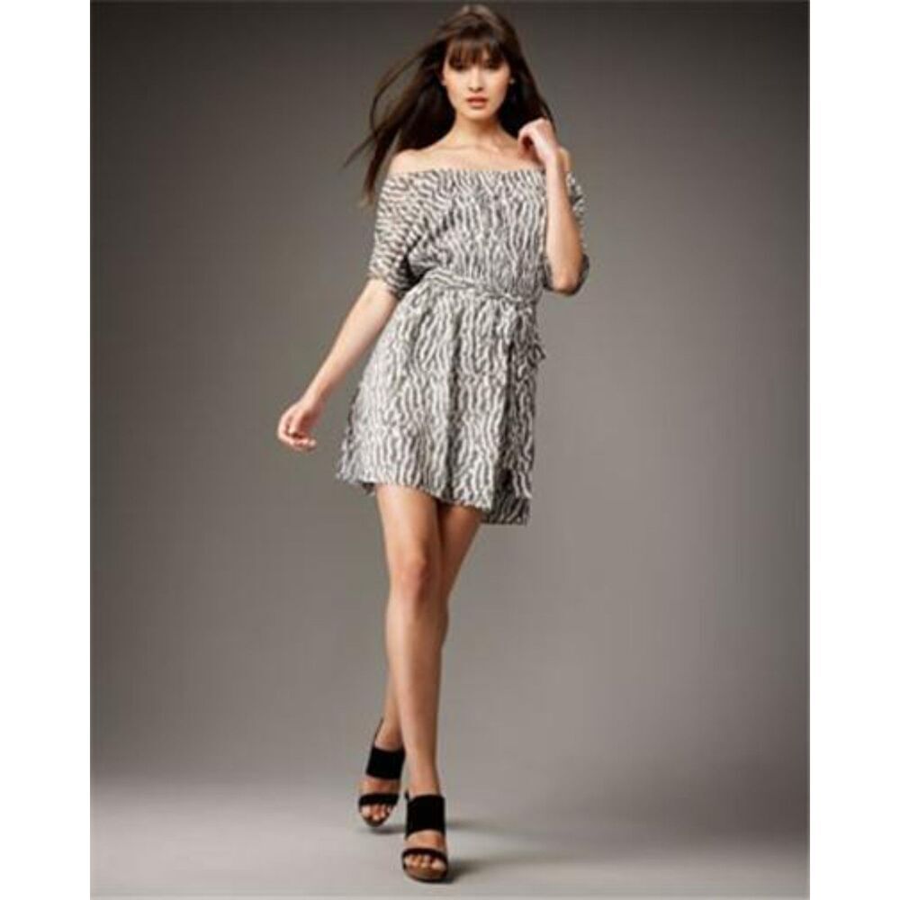 ALICE + OLIVIA Gray Silk Off The Shoulder Stretch Waist Tie Mini Dress Small